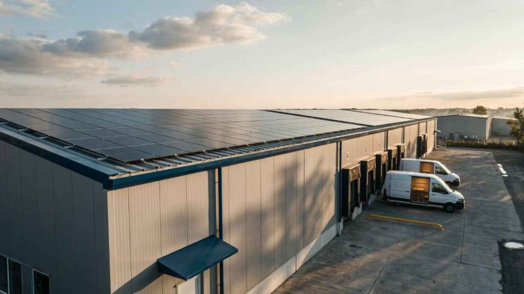 Magazzino logistico con pannelli fotovoltaici sul tetto e camion in fase di carico alle baie
