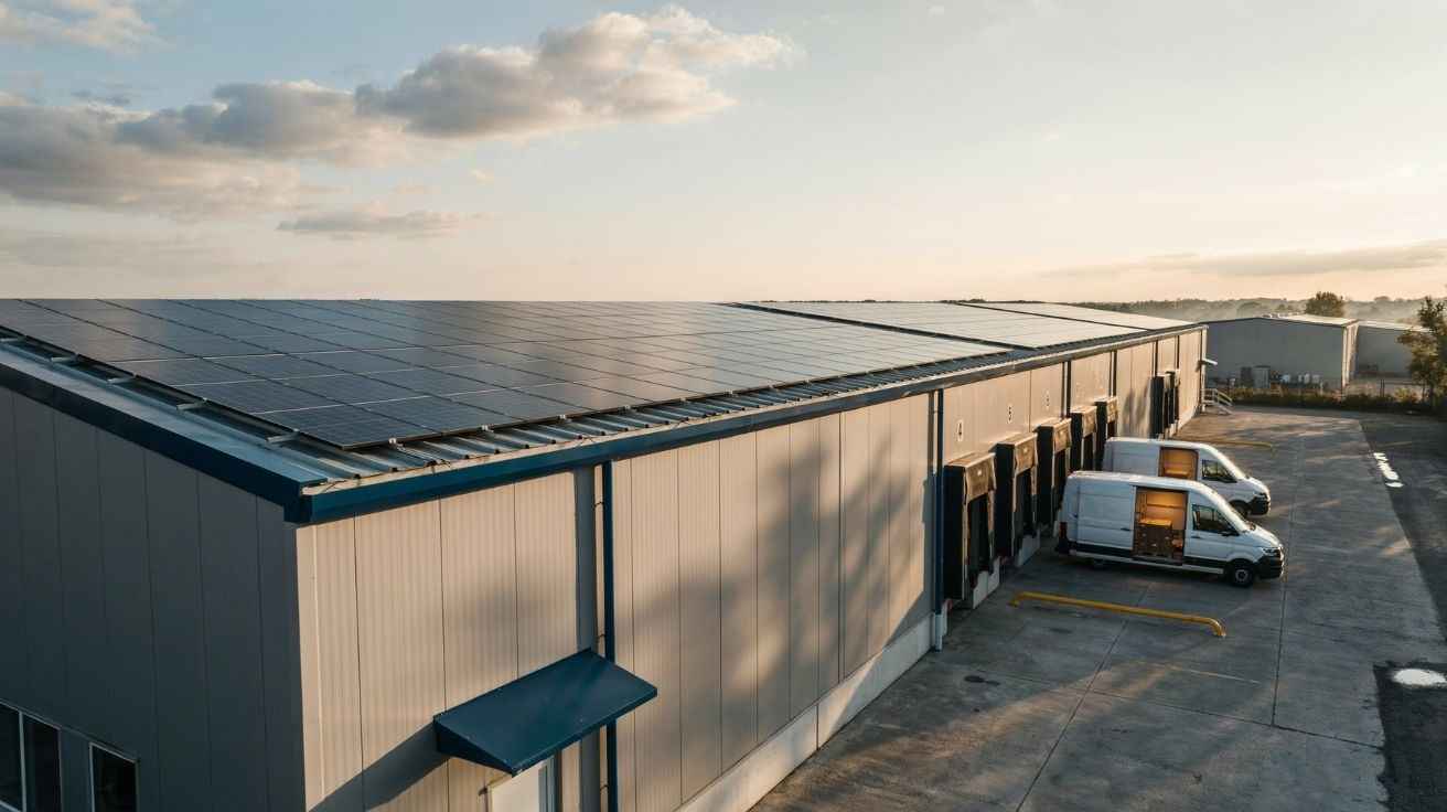 Magazzino logistico con pannelli fotovoltaici sul tetto e camion in fase di carico alle baie