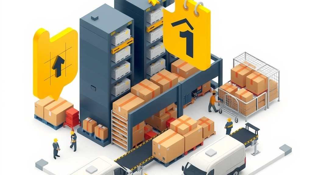 Illustrazione isometrica di un magazzino ecommerce nel giorno di picco, con pacchi su pallet, nastro trasportatore e furgoni in carico