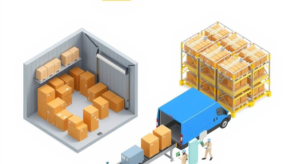 Illustrazione isometrica di un trasferimento di merce da un piccolo deposito a un magazzino logistico con scaffalature, furgone e nastro trasportatore